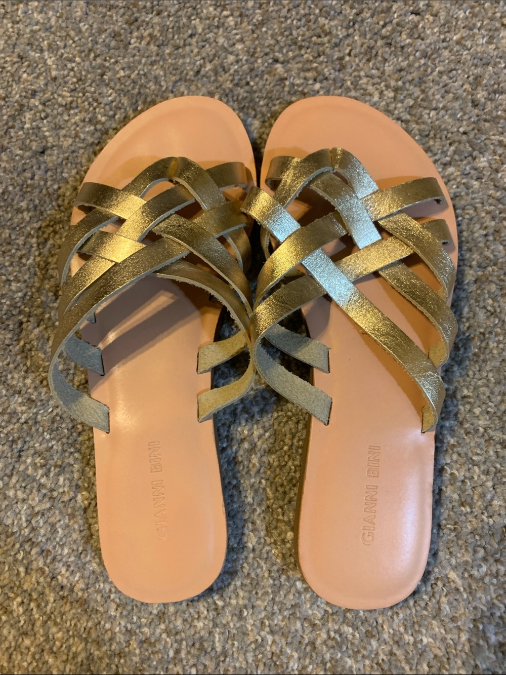 Gianni Bini Metallic Gold Braided Strap Sandals with Pink Footbed